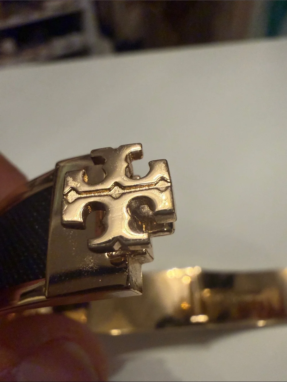 Tory Burch Navy Leather Inlay Gold Logo Hinged Bangle